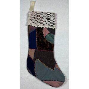 Vintage Crazy Quilt Patchwork Stocking Lace Trim Top Christmas